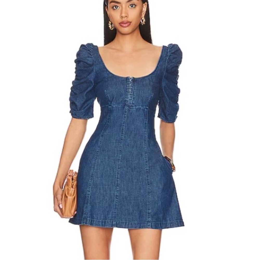Free People Blue Denim Mini Dress w/ Puff Sleeves — Size M